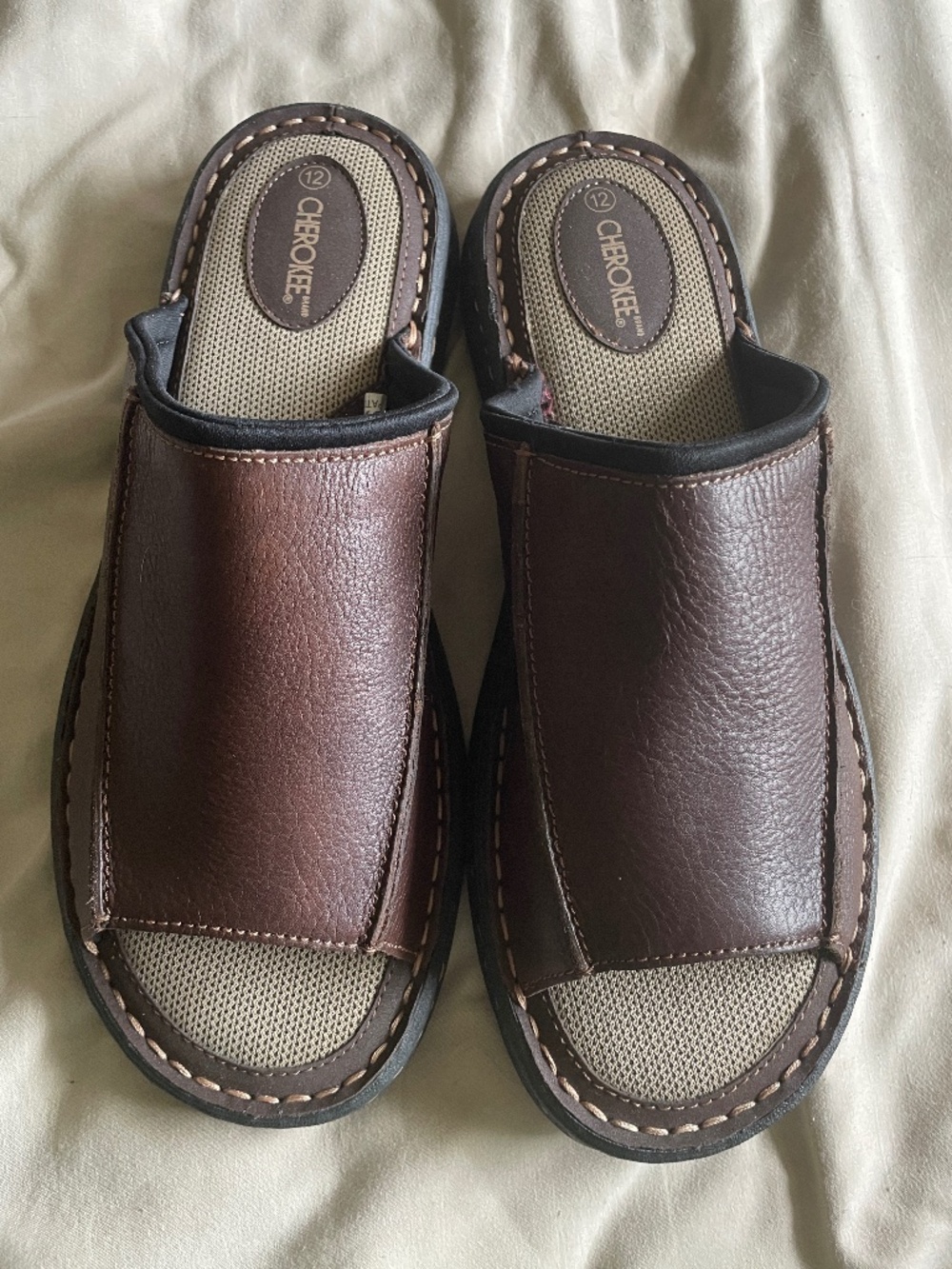 Mens CHEROKEE Brown Leather Sandals Slides Slippers - Size 12 - BRAND NEW!